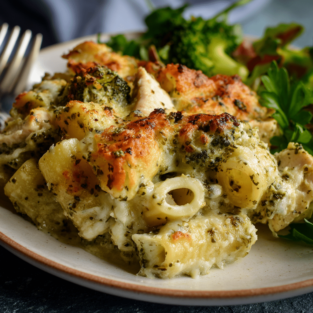 Creamy Pesto Chicken and Broccoli Pasta Bake