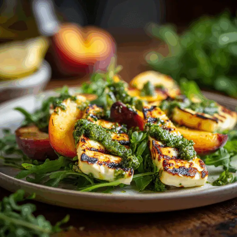 Grilled Peach and Halloumi Salad with Lemon-Pesto Dressing