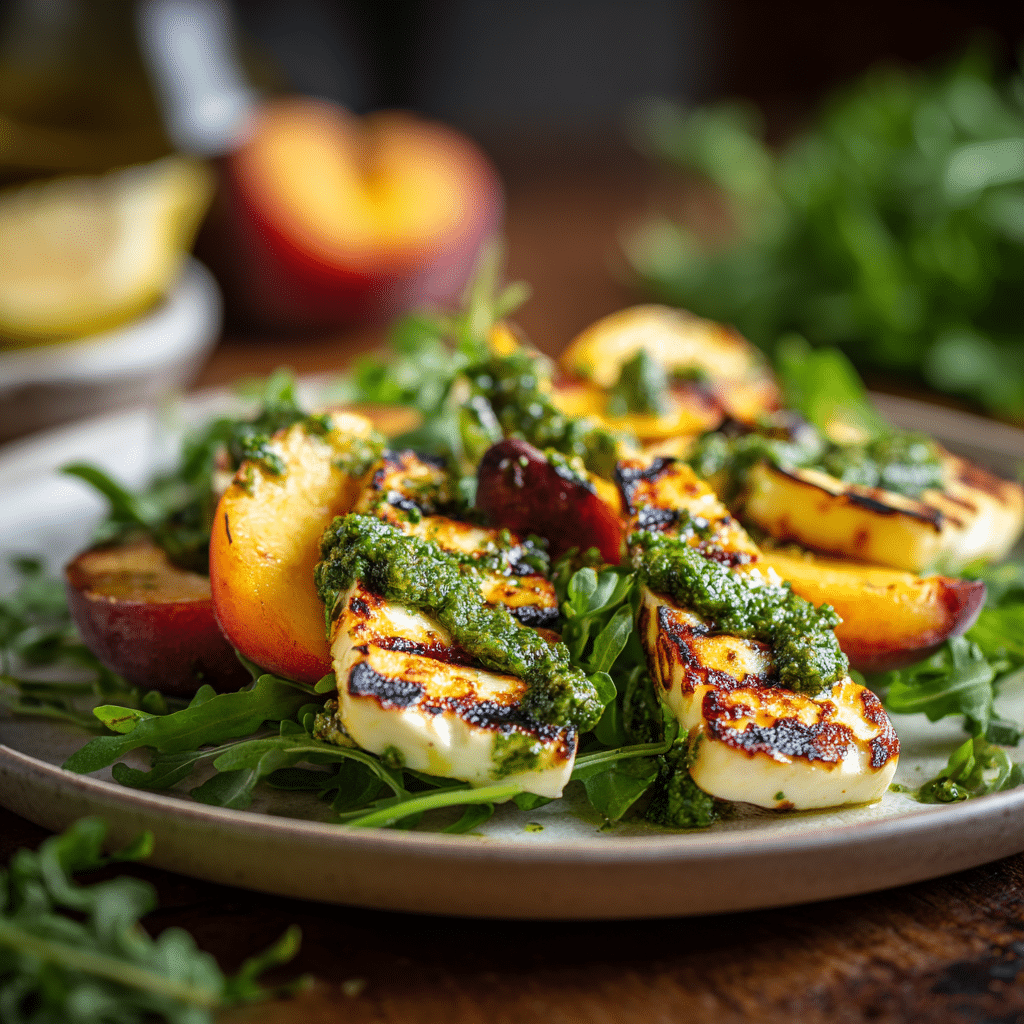 Grilled Peach and Halloumi Salad with Lemon-Pesto Dressing