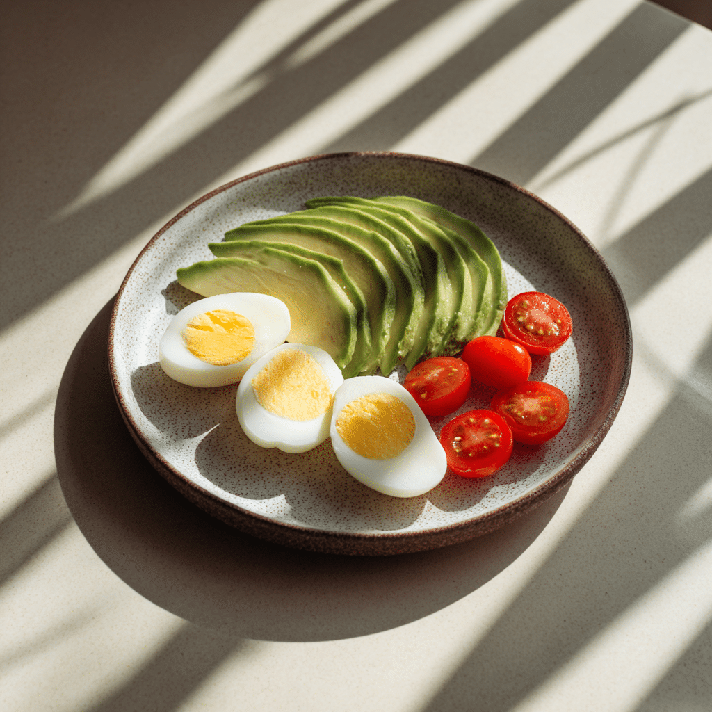 Boiled Eggs with Cherry Tomatoes and Avocado Slices