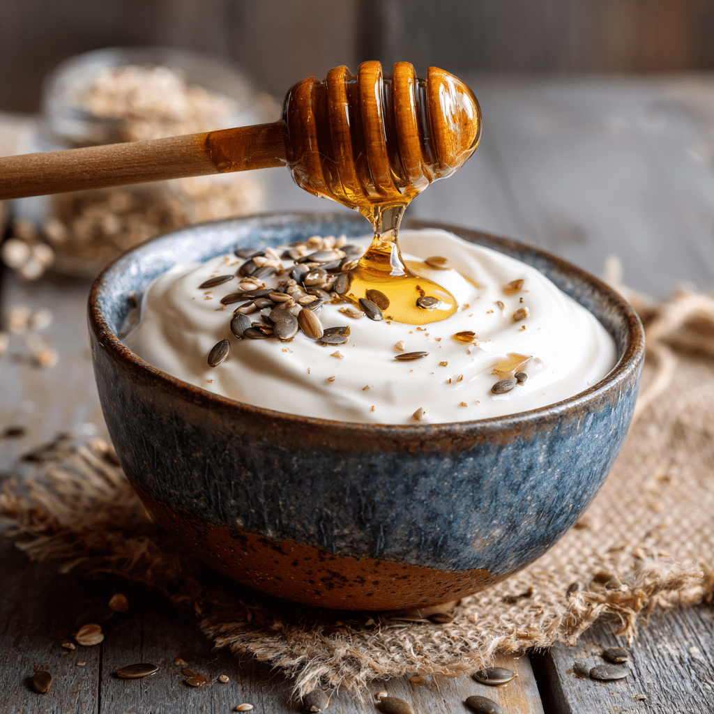 Skyr (Icelandic Yogurt) with Mixed Seeds and Honey Drizzle