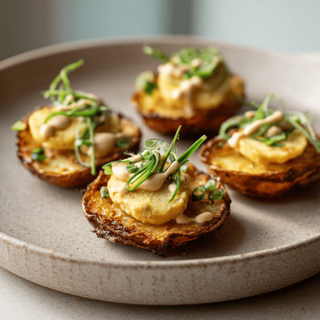 Vegan Crispy Potato Skins with Cashew “Cheese” & Chives Recipe - Recipe Image