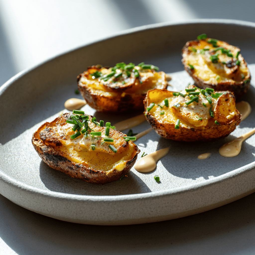 Vegan Crispy Potato Skins with Cashew “Cheese” & Chives Recipe - Recipe Image