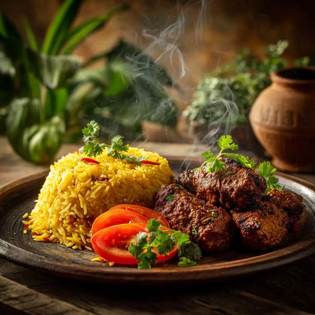 Mutton Kebab with Saffron Rice Recipe - Recipe Image
