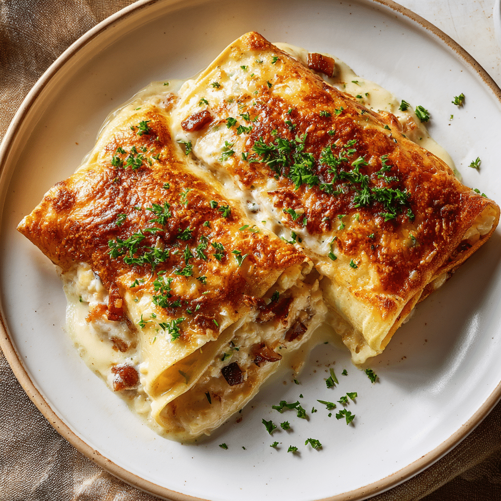 Creamy Rice-Stuffed Savory Crepes Bake Recipe - Recipe Image