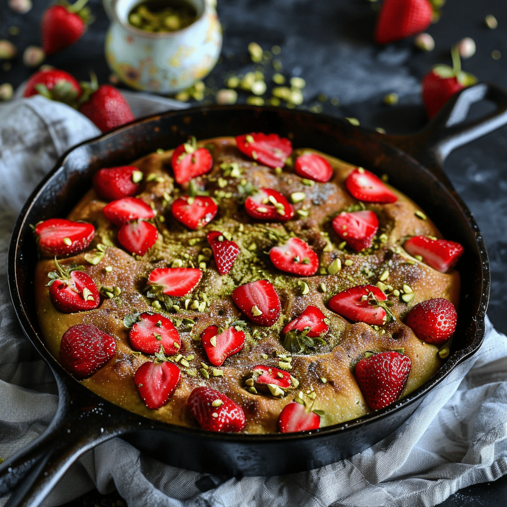 Soft Pistachio Strawberry Skillet Cake Recipe - Recipe Image