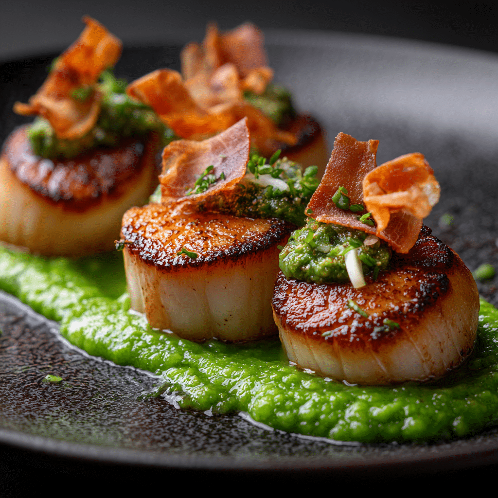 Seared Scallops with Pea Purée & Crispy Prosciutto Recipe