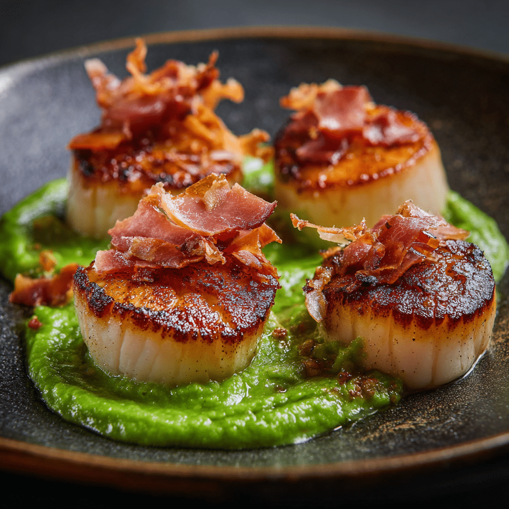 Seared Scallops with Pea Purée & Crispy Prosciutto Recipe - Recipe Image