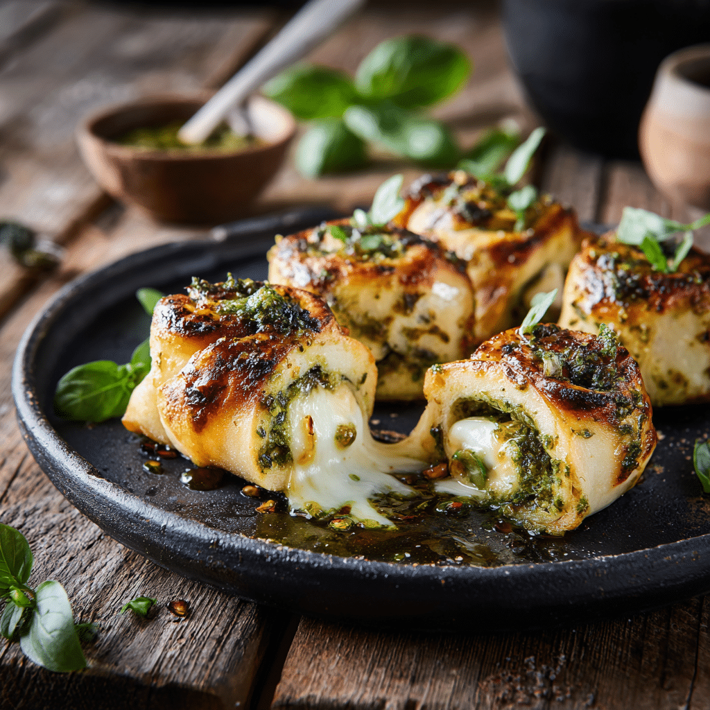 Oven-Baked Mozzarella & Pesto Rolls with Spicy Agave Recipe - Recipe Image