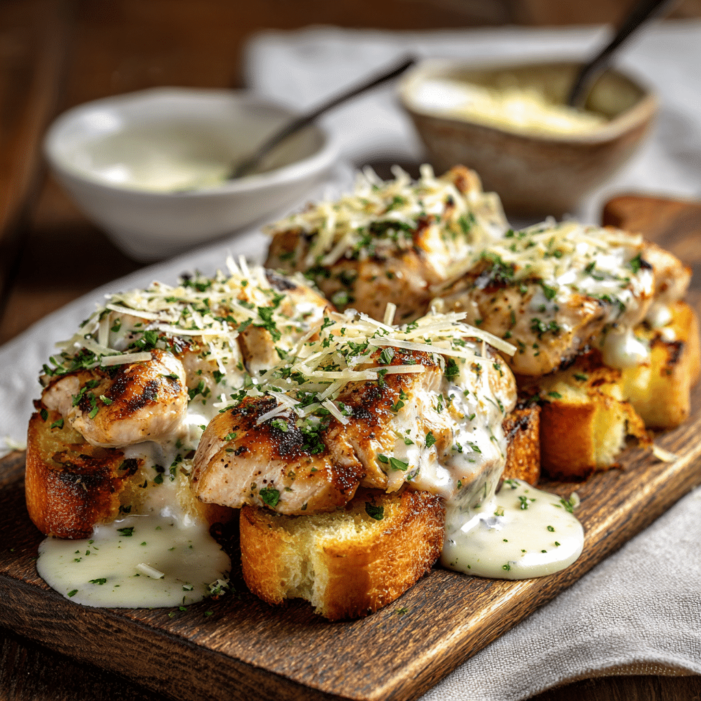 Spicy Chicken Alfredo Garlic Bread Recipe - Recipe Image