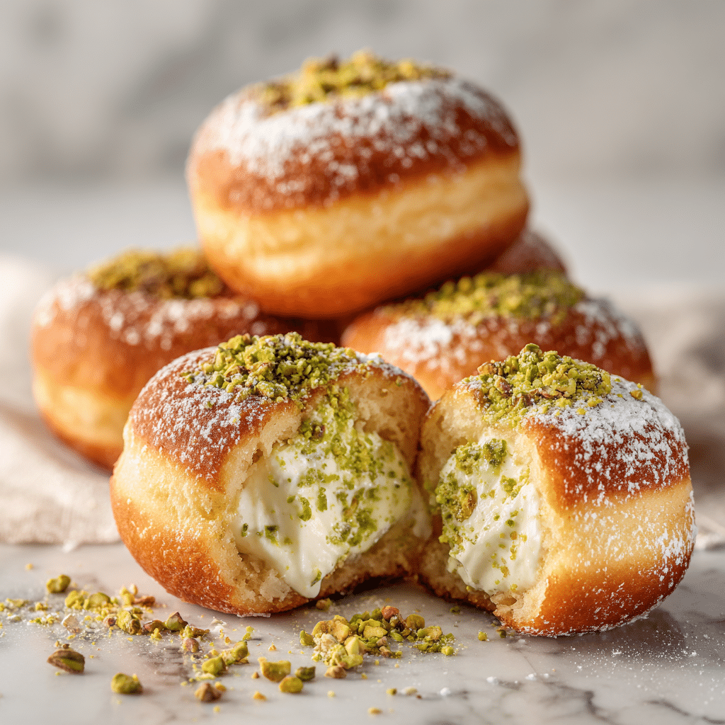 Pistachio Cream Stuffed Donuts Recipe - Recipe Image